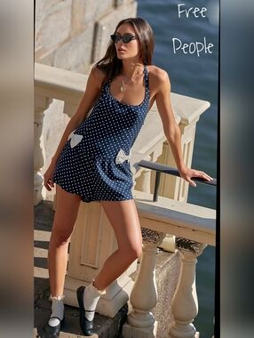 Free People High Strung Playsuit Navy Polka Dot Romper NWT Size M